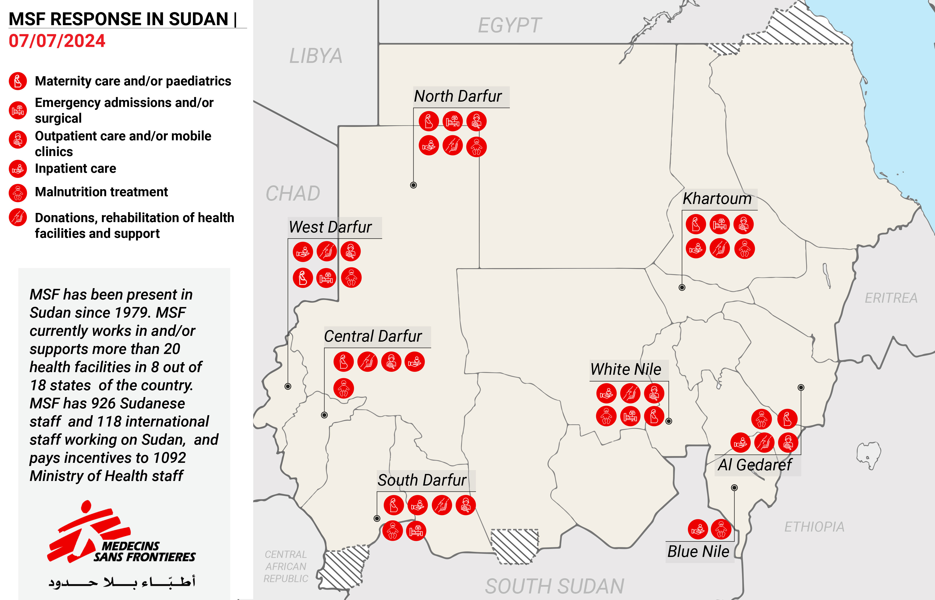 Map of MSF activities in Sudan - July 2024